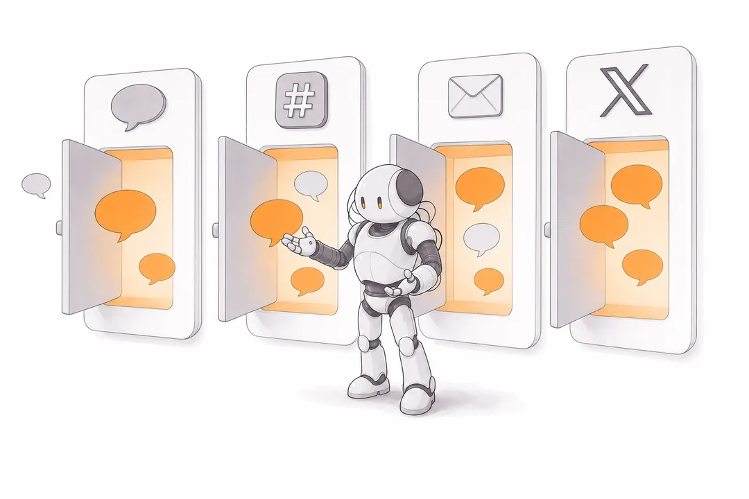 The robot agent stands between four doors onto chat bubbles.
