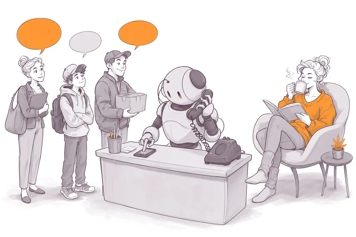 A friendly robot agent answers questions from several people while its owner relaxes in the background.