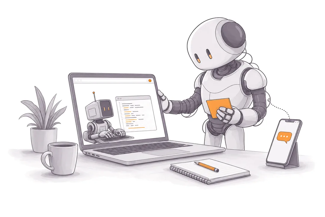 A robot agent beside a laptop where a small coding robot works in a window, with a phone showing a new message on the desk.