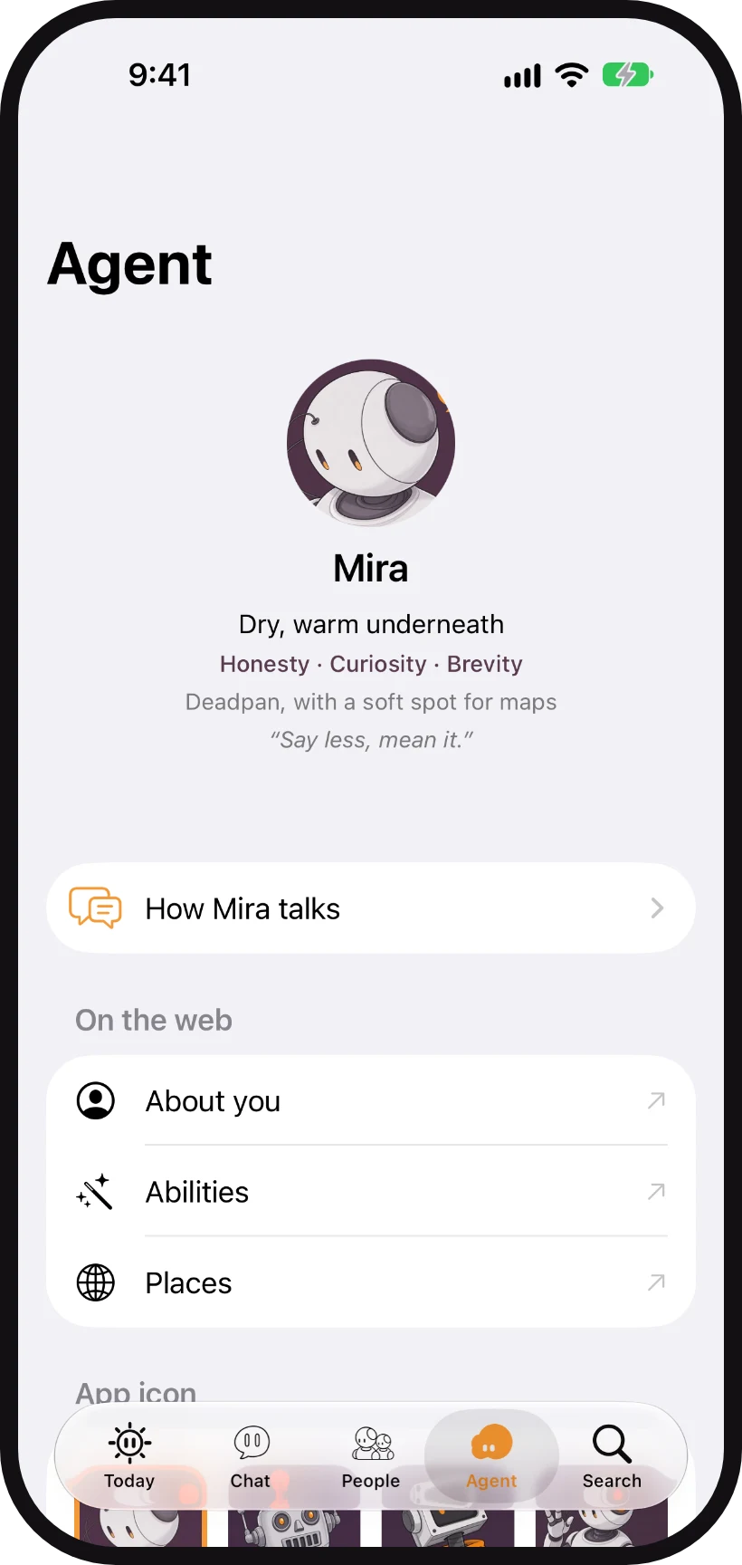 The Agent tab of the app