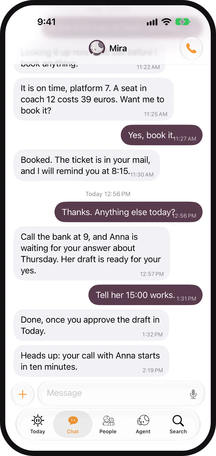 The Chat tab of the Gnum iPhone app, with a sample conversation.