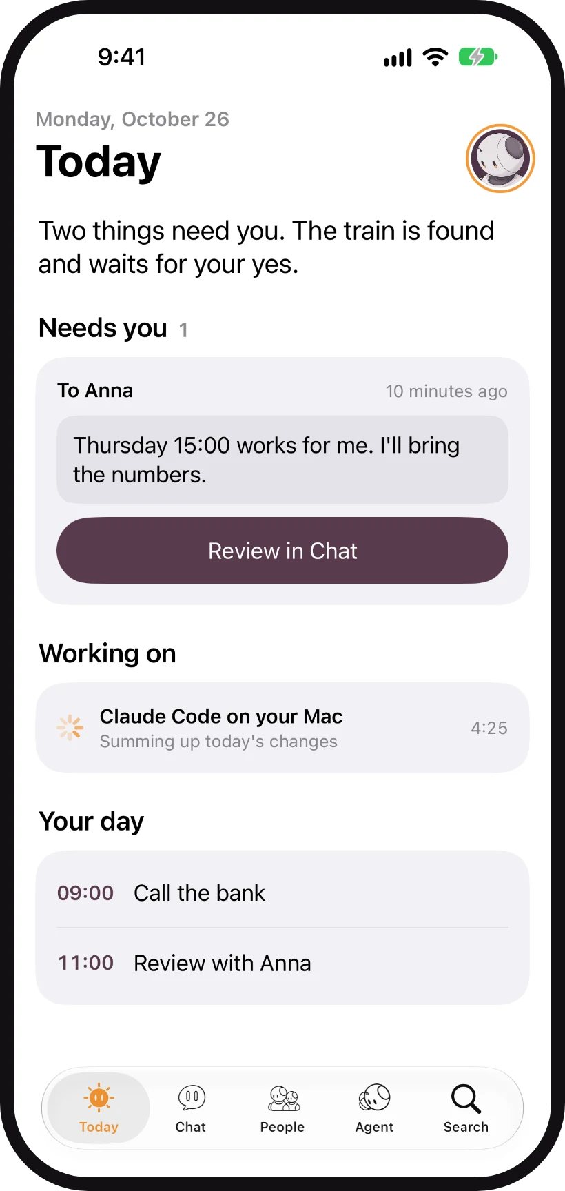 The Today tab of the app, with sample data.